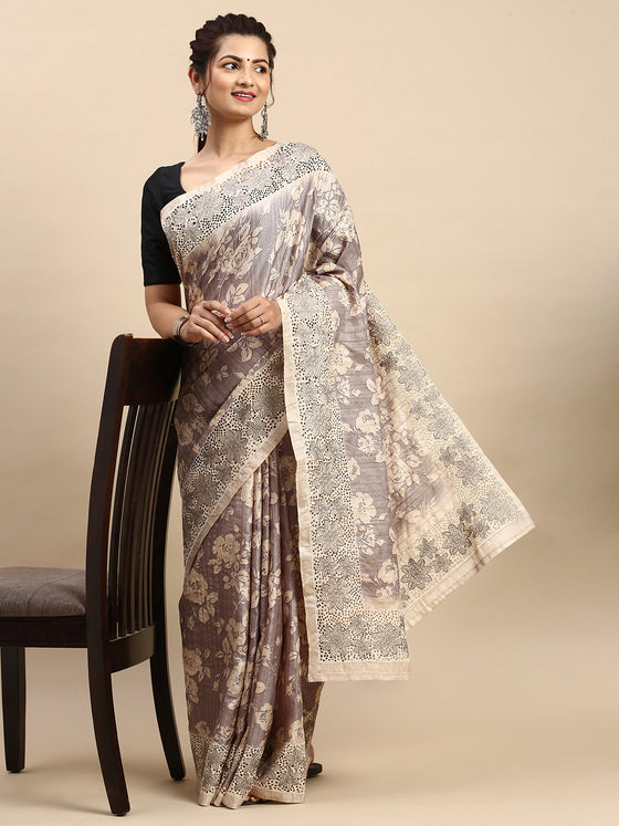 Semi Tussar Woven Embroidery Saree Grey with Sandal STWE12