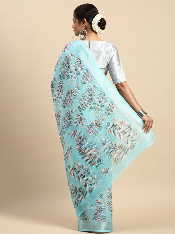 Leaf Design Digital Print Blue Semi Linen Saree SL22