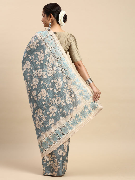 Semi Tussar Woven Embroidery Saree Blue with Sandal STWE13