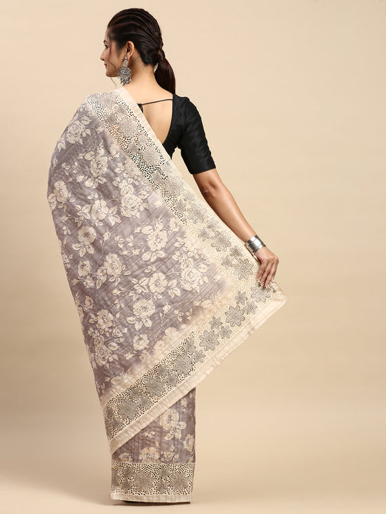 Semi Tussar Woven Embroidery Saree Grey with Sandal STWE12