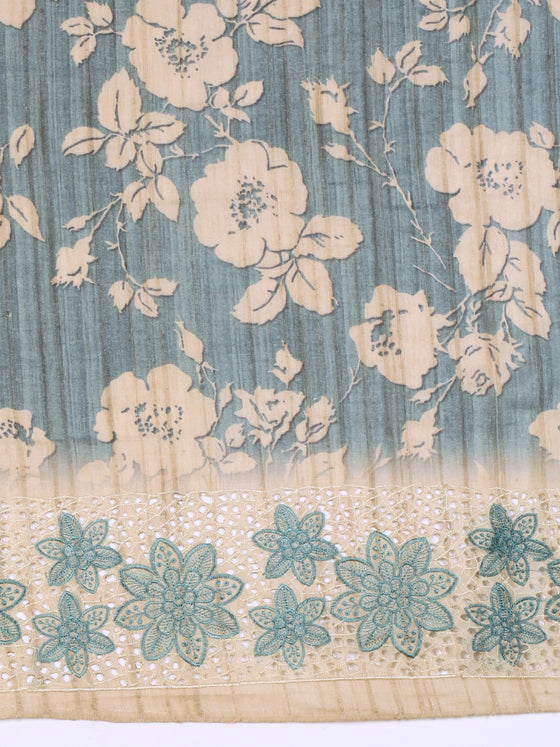 Semi Tussar Woven Embroidery Saree Blue with Sandal STWE13