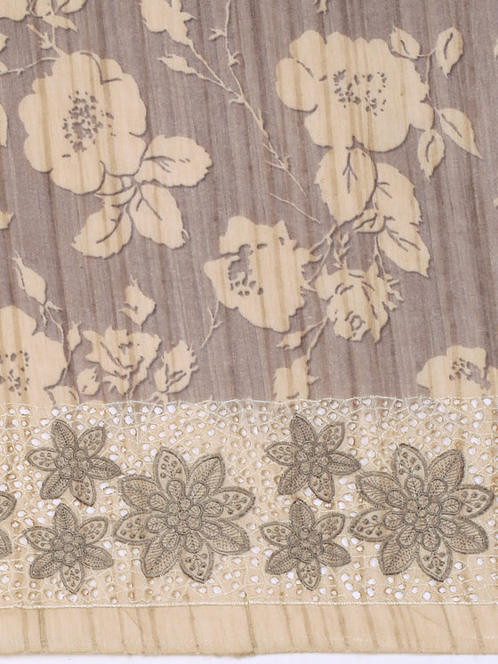 Semi Tussar Woven Embroidery Saree Grey with Sandal STWE12
