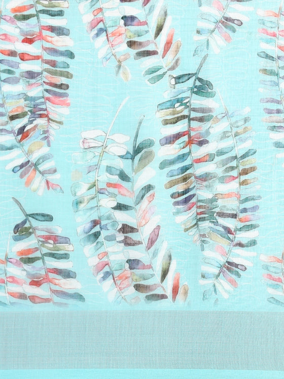 Leaf Design Digital Print Blue Semi Linen Saree SL22
