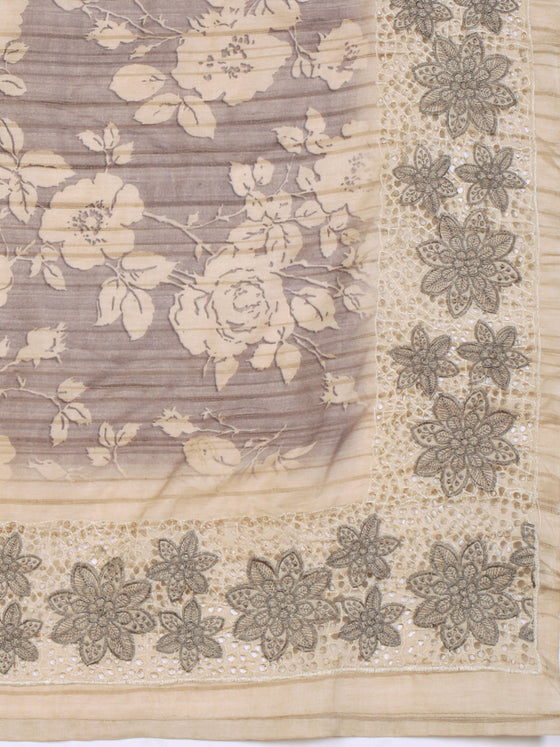 Semi Tussar Woven Embroidery Saree Grey with Sandal STWE12