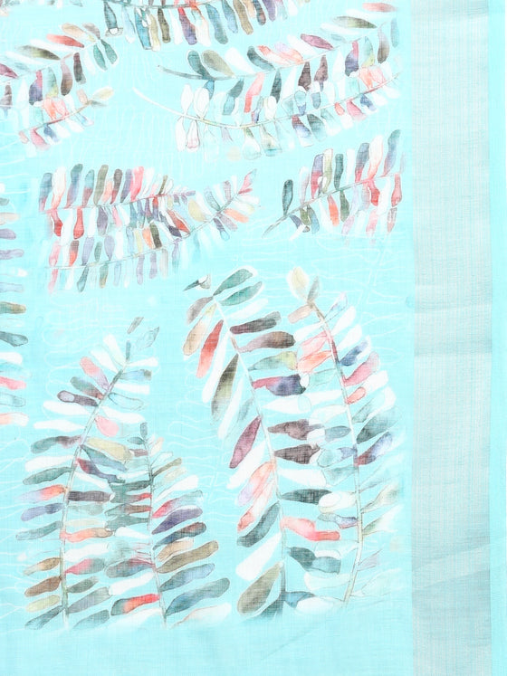 Leaf Design Digital Print Blue Semi Linen Saree SL22
