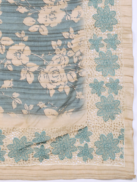 Semi Tussar Woven Embroidery Saree Blue with Sandal STWE13