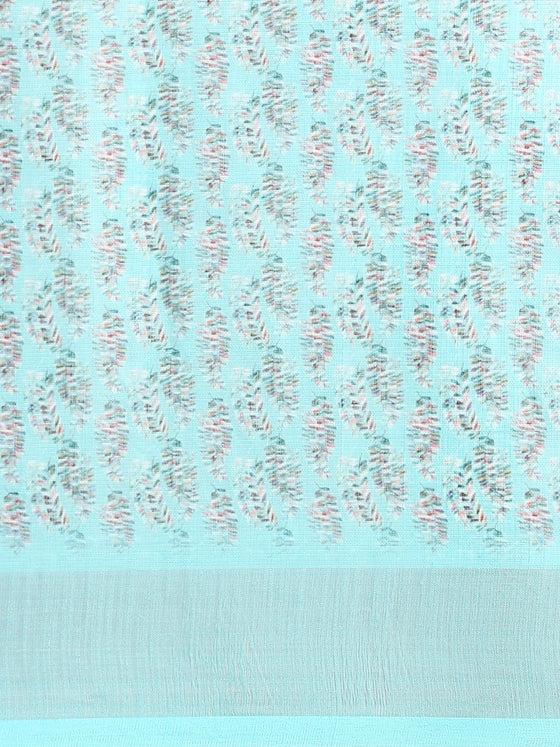 Leaf Design Digital Print Blue Semi Linen Saree SL22