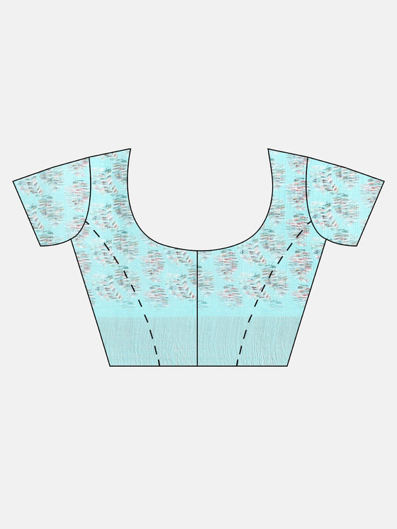 Leaf Design Digital Print Blue Semi Linen Saree SL22